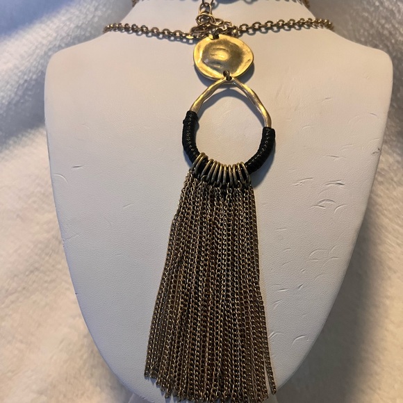 Goldtone Hammered Tassel Disc Pendant Necklace - Picture 3 of 6